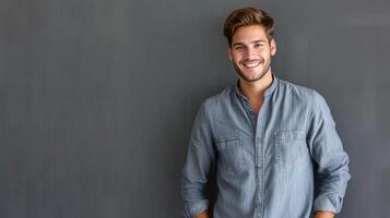 ai généré confiance et affaires concept. portrait de charmant réussi Jeune entrepreneur dans col bleu chemise photo