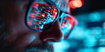 ai généré proche en haut coup de homme portant des lunettes reflétant de programmation code. Logiciel ingénieur, programmeur, cyber Sécurité photo