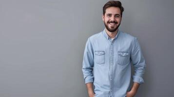 ai généré confiance et affaires concept. portrait de charmant réussi Jeune entrepreneur dans col bleu chemise photo