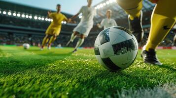 ai généré proche en haut de une Football action scène avec en compétition football joueurs à le stade photo