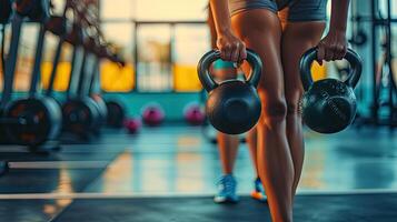 ai généré aptitude ,entraînement, Gym exercice ,mode de vie et en bonne santé concept.femme dans exercice équipement permanent dans une rangée en portant haltères pendant un exercice classe à le salle de sport. photo