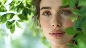 ai généré portrait de magnifique femme avec vert feuilles pour Naturel des produits publicité. attrayant brunette fille avec en bonne santé peau, lisse affronter, beauté traitements, produits de beauté photo