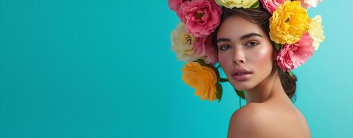 ai généré portrait de attrayant femme avec magnifique fleurs. femmes jour, brunette fille avec copie espace, en bonne santé peau, lisse affronter, produits de beauté photo