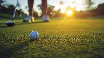 ai généré golfeur en mettant Balle sur le vert le golf, lentille éclater sur Soleil ensemble soir temps. photo