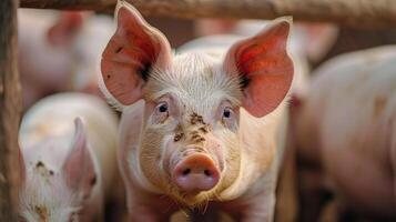 ai généré les cochons attendre nourrir,cochon intérieur sur une ferme cour. porc dans le stalle photo