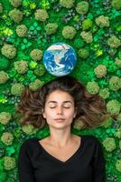 ai généré détendu femme pose vers le bas avec Terre sur vert Contexte. Terre jour, environnement jour, enregistrer le planète, environnement préservation photo