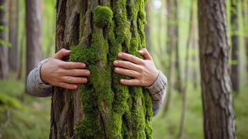 ai généré mains câlin gros arbre avec vert mousse dans forêt. gens protéger la pollution et climat changement, la nature protection, environnement préservation photo