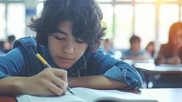 ai généré école examen, étudiant prise éducatif admission tester dans classe, en pensant dur, l'écriture répondre dans Université Salle de classe, éducation et monde l'alphabétisation journée concept photo