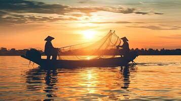 ai généré les pêcheurs sur bateau pêche avec une résille, le vieux traditionnel équipement de thaïlandais pêche.silhouette scène photo