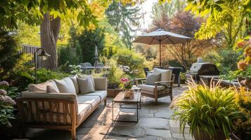 ai généré charmant serein jardin patio avec confortable Extérieur meubles, accent oreillers et relaxant réglage photo