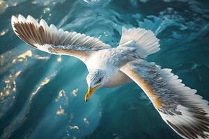 ai généré proche en haut de une mouette en volant plus de le bleu océan. blanc mouette en volant au dessus le mer photo