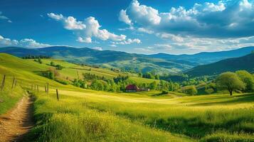 ai généré magnifique campagne de Roumanie. ensoleillé après-midi. magnifique printemps paysage dans montagnes. herbeux champ et roulant collines. rural scener photo