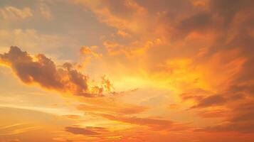 ai généré le coucher du soleil ciel sur crépuscule dans le soir avec Orange or le coucher du soleil nuage la nature ciel arrière-plan, horizon d'or ciel, lever du soleil des nuages magnifique, crépuscule ciel photo