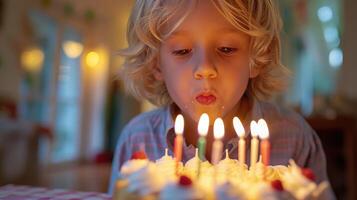 ai généré Jeune blond aux cheveux caucasien garçon soufflant en dehors bougies sur anniversaire gâteau photo