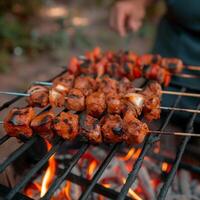 ai généré Extérieur cuisine gars barbecue shish kebab sur chaud gril pour social médias Publier Taille photo