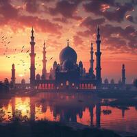 ai généré silhouette mosquée contre crépuscule ciel évoque une paisible ambiance pour social médias Publier Taille photo