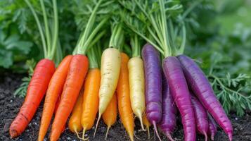 ai généré Frais arc en ciel carottes choisi de le jardin photo