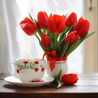ai généré rouge tulipes arrangé à côté de une fumant tasse de thé pour social médias Publier Taille photo