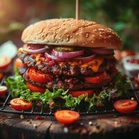 ai généré délicieux végétarien Burger empilé haute avec sarriette plante basé garnitures pour social médias Publier Taille photo