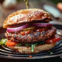 ai généré tentant végétarien Burger des offres une savoureux Viande gratuit à manger option pour social médias Publier Taille photo