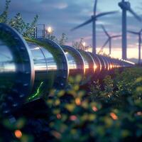 ai généré proche en haut de hydrogène pipeline symbolise vert énergie production avec turbines pour social médias Publier Taille photo