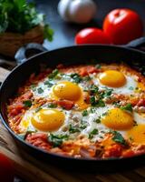 ai généré Shakshuka avec Oeuf sur Haut dans noir la poêle photo