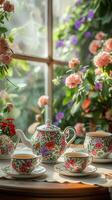 ai généré photo thé ensemble avec élégant floral vaisselle accompagné par magnifique fleurs verticale mobile fond d'écran