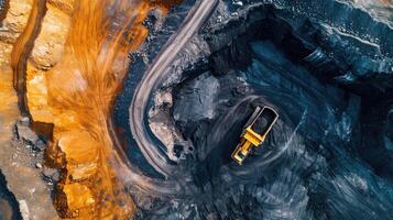 ai généré industrie bannière ouvert fosse exploiter, extractif industriel pour charbon, aérien Haut vue drone. photo