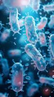 ai généré probiotiques biologique science Contexte mettant en valeur microscopique les bactéries dans détail verticale mobile fond d'écran photo
