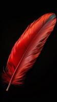 ai généré vibrant rouge plume capturé dans exquis détail contre noir Contexte verticale mobile fond d'écran photo