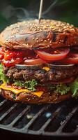 ai généré délicieux végétarien Burger empilé haute avec sarriette plante basé garnitures verticale mobile fond d'écran photo