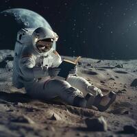 ai généré lunaire l'alphabétisation astronaute absorbé dans en train de lire sur le tranquille lune pour social médias Publier Taille photo