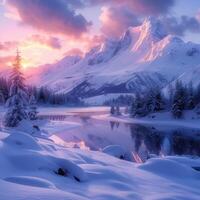 ai généré enchanteur Aube scène hiver montagnes baigné dans doux Matin lumière pour social médias Publier Taille photo