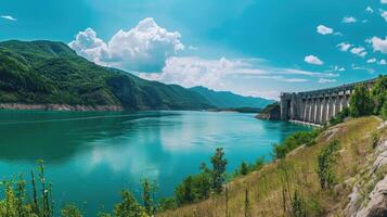 ai généré hydro-électrique Puissance énergie plante avec turbines et l'eau déversements pour générateur vert électricité. gratuit, photo