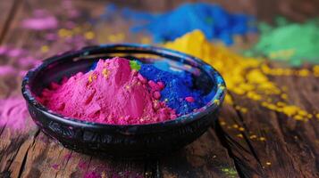 ai généré coloré Holi poudre dans bol sur en bois table fermer sur le table content Holi Festival de couleurs art photo