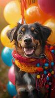 ai généré de fête velu ami chien jouit festivités parmi coloré décorations verticale mobile fond d'écran photo