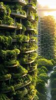ai généré Urbain oasis luxuriant verdure prospère au milieu de le paysage urbain toile de fond verticale mobile fond d'écran photo