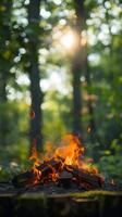 ai généré vert région sauvage réglage feu de camp crépitements parmi luxuriant feuillage verticale mobile fond d'écran photo