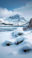 ai généré hiver pays des merveilles majestueux paysage orné dans parfait blanc neige verticale mobile fond d'écran photo