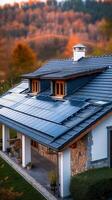 ai généré renouvelable toiture maison surmonté avec bitumineux tuile, promouvoir durable énergie verticale mobile fond d'écran photo