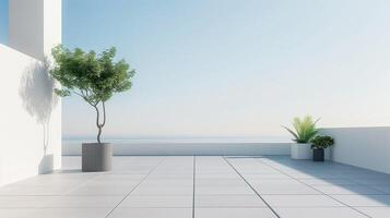 ai généré vide balcon ou toit terrasse avec mis en pot les plantes. relaxation, profiter paisible des moments intérieur concept. photo