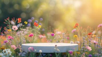 ai généré Contexte scène avec vide en bois podium Plate-forme et flou été fleurs champ. beauté produit afficher. biologique Naturel concept. moquer en haut, spa. photo