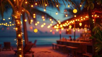 ai généré flou plage bar Haut Contexte à le coucher du soleil. chaises, paume des arbres, chaud chaîne lumières, avec océan vagues et une coloré ciel. photo