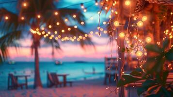 ai généré flou crépuscule plage bar Contexte. chaises, paume des arbres, chaud chaîne lumières, avec océan vagues et une coloré ciel. photo