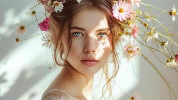 ai généré magnifique mode portrait de Jeune femme avec couronne de rose et blanc fleurs. été fleurs dans coiffure. photo