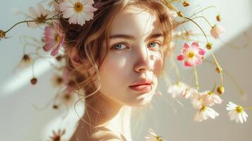ai généré magnifique mode portrait de Jeune femme avec couronne de rose et blanc fleurs. été fleurs dans coiffure. photo