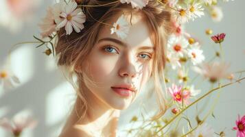 ai généré magnifique mode portrait de Jeune femme avec couronne de rose et blanc fleurs. été fleurs dans coiffure. photo