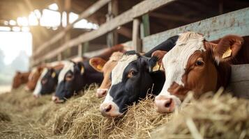 ai généré groupe de vaches à étable en mangeant foins ou fourrage sur laitier cultiver. photo