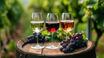 ai généré Trois des lunettes avec blanc, Rose et rouge du vin sur une en bois baril dans le vignoble. photo