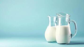 ai généré verre de lait, une cruche de Lait sur bleu Contexte. le concept de ferme laitier des produits, Lait journée. copie espace. photo